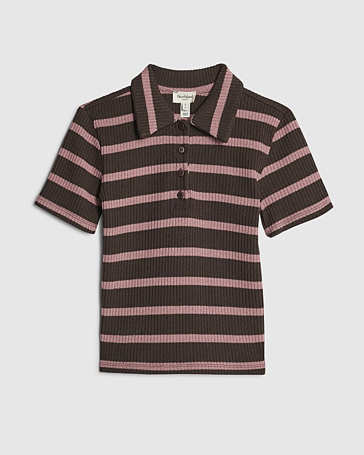 Brown Short Sleeved Striped Polo Top