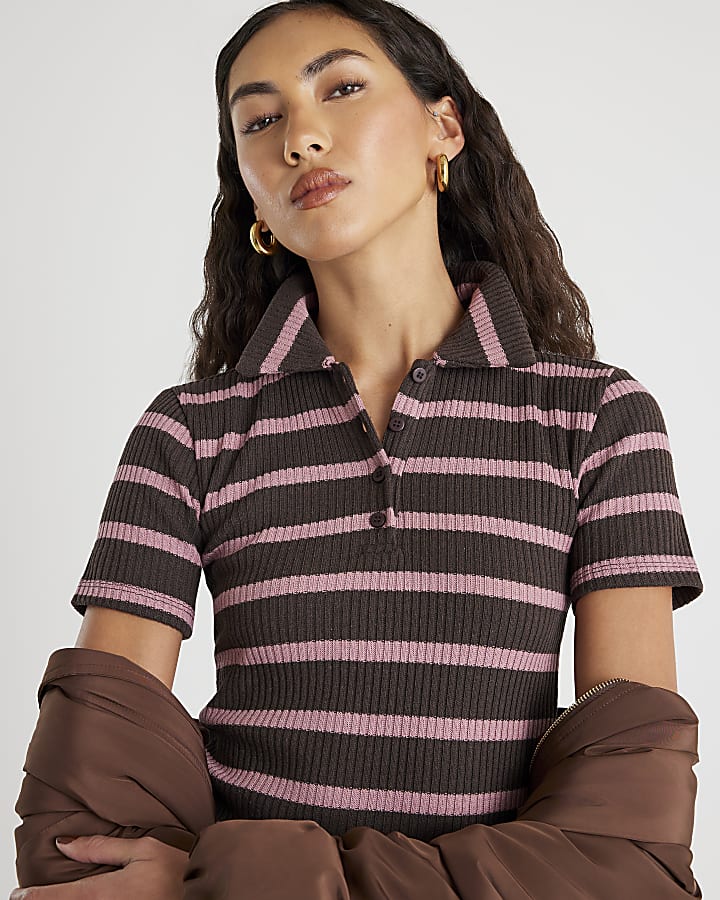 Brown Short Sleeved Striped Polo Top