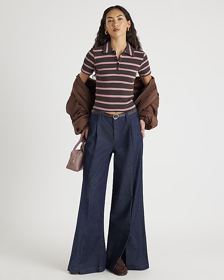 Brown Short Sleeved Striped Polo Top