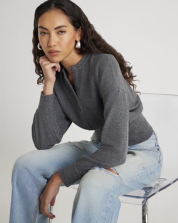 Grey Waisted Button through Top