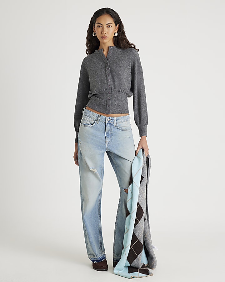 Grey Waisted Button through Top