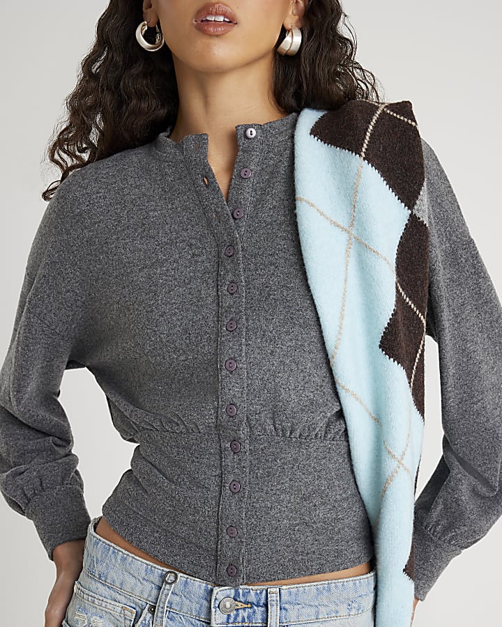 Grey Waisted Button through Top