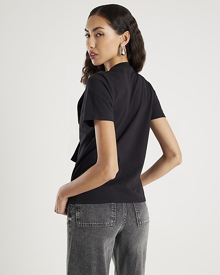 Black Short Sleeve Diamante Bow T-shirt