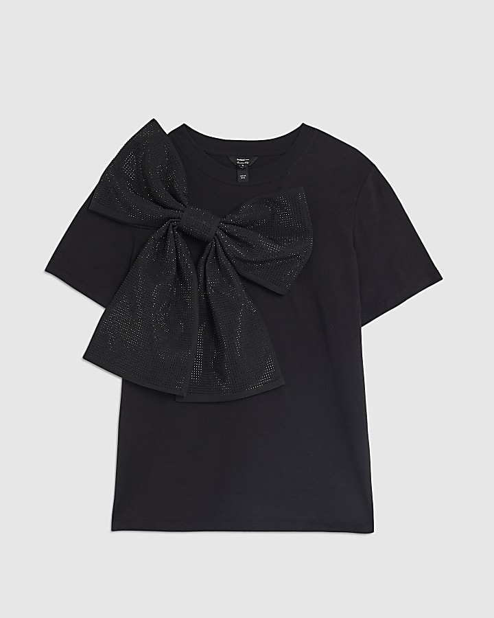 Black Short Sleeve Diamante Bow T-shirt