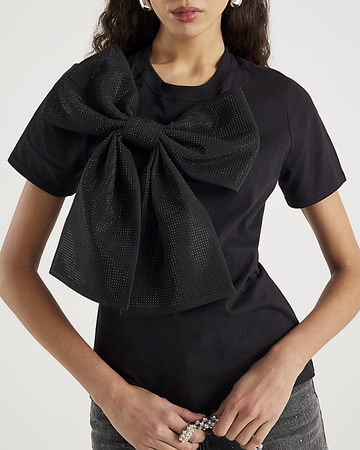 Black Short Sleeve Diamante Bow T-shirt