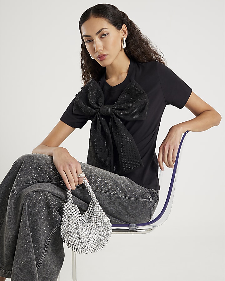 Black Short Sleeve Diamante Bow T-shirt