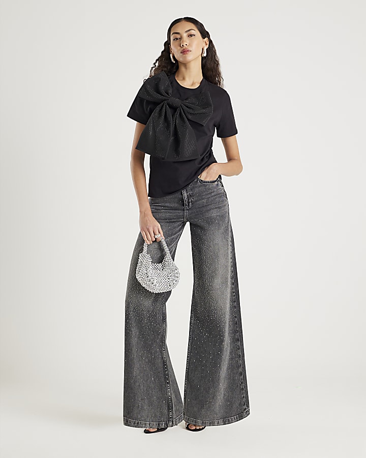 Black Short Sleeve Diamante Bow T-shirt