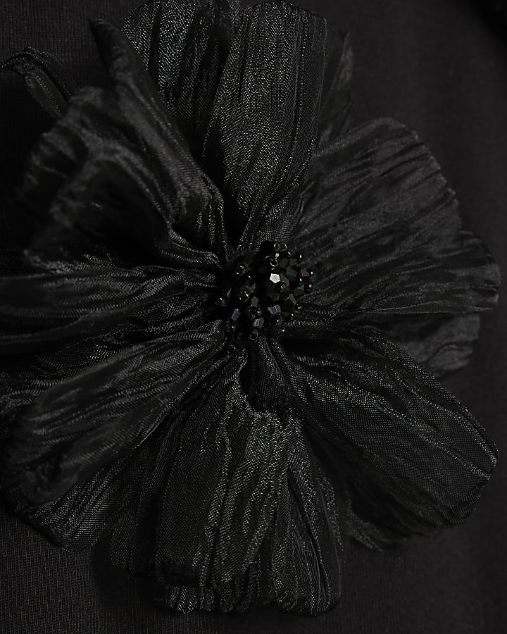 Black Short Sleeve 3D Flower Diamante T-shirt