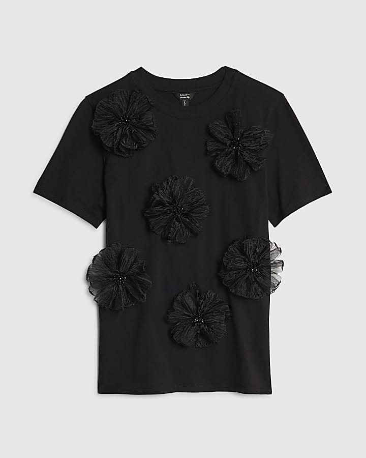 Black Short Sleeve 3D Flower Diamante T-shirt