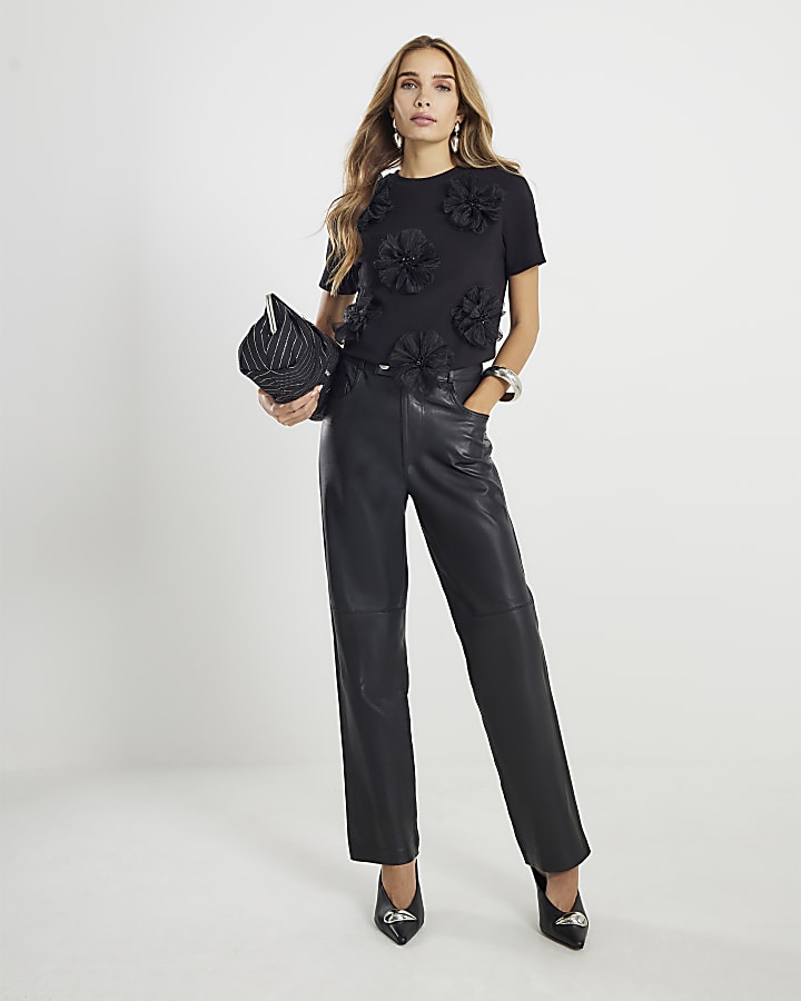 Black Short Sleeve 3D Flower Diamante T-shirt