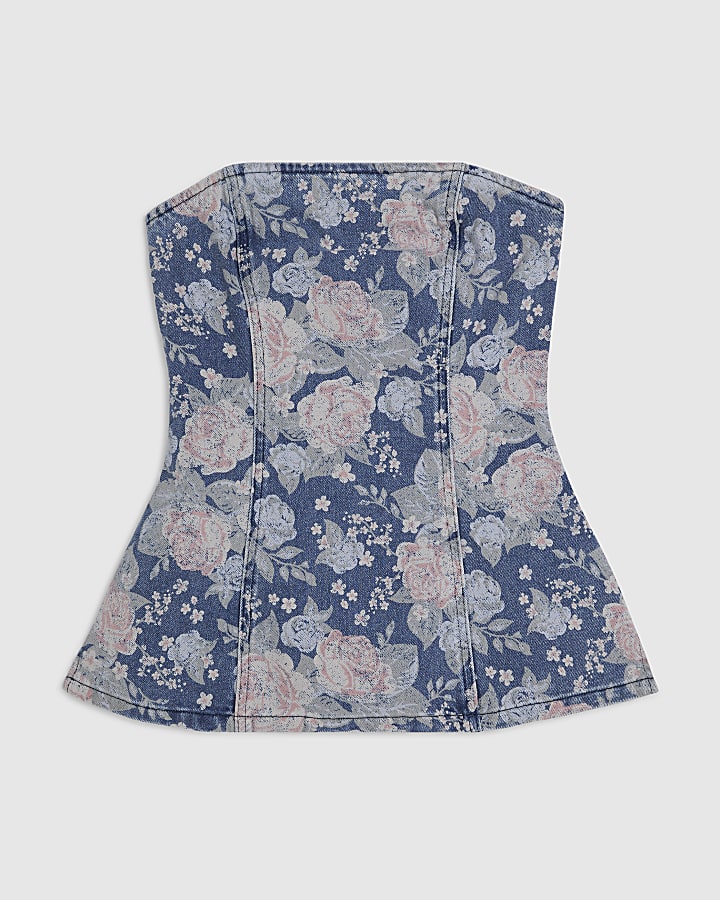 Blue Denim Floral Bandeau Top