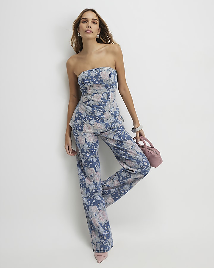 Blue Denim Floral Bandeau Top