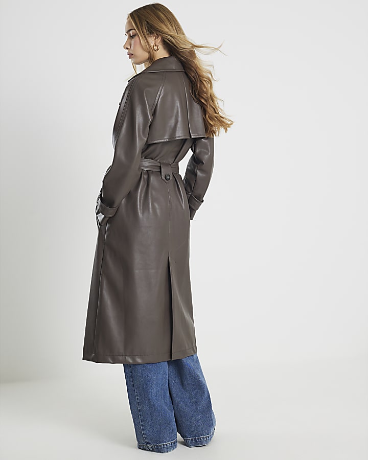 Brown faux Leather Trench Coat