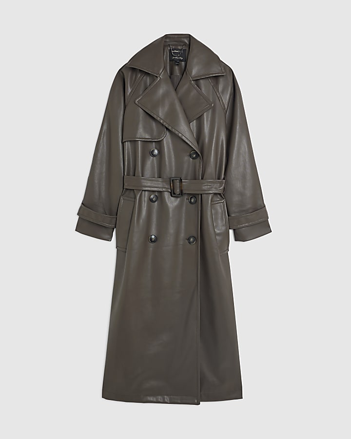 Brown faux Leather Trench Coat
