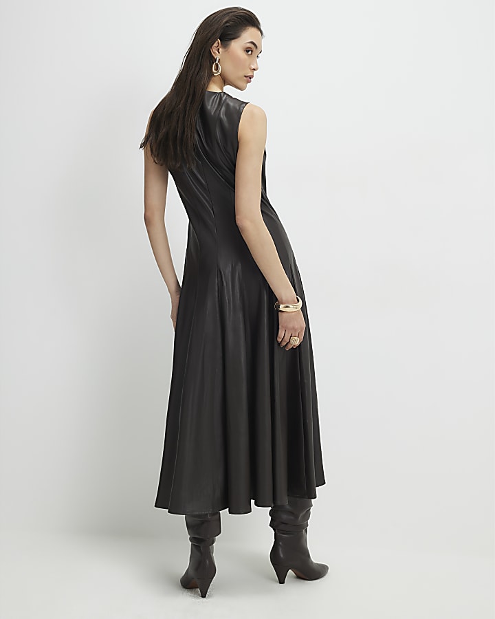 Brown Faux Leather Waisted Midi Dress