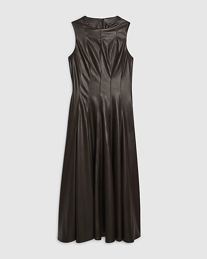 Brown Faux Leather Waisted Midi Dress