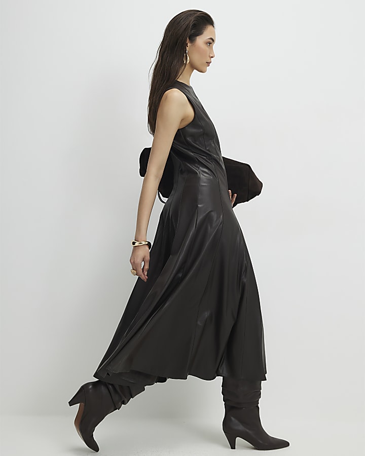 Brown Faux Leather Waisted Midi Dress