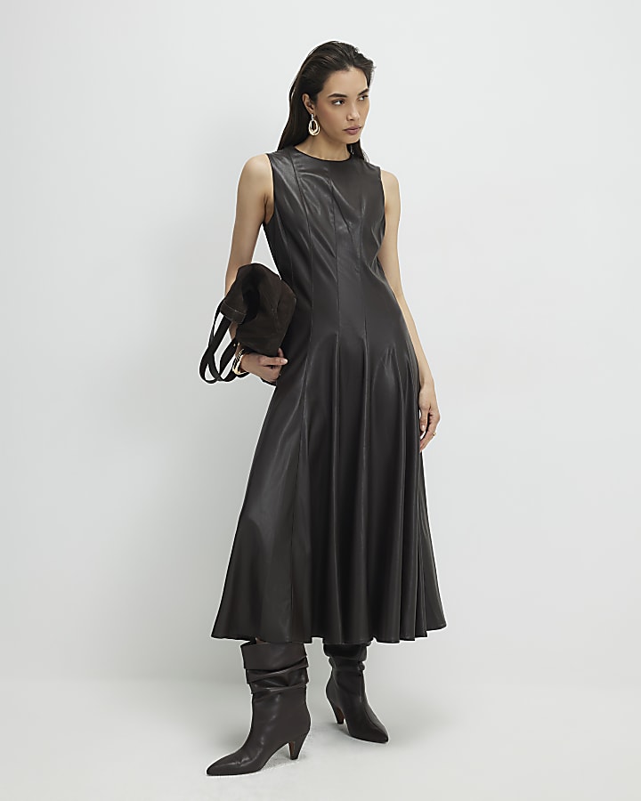 Brown Faux Leather Waisted Midi Dress