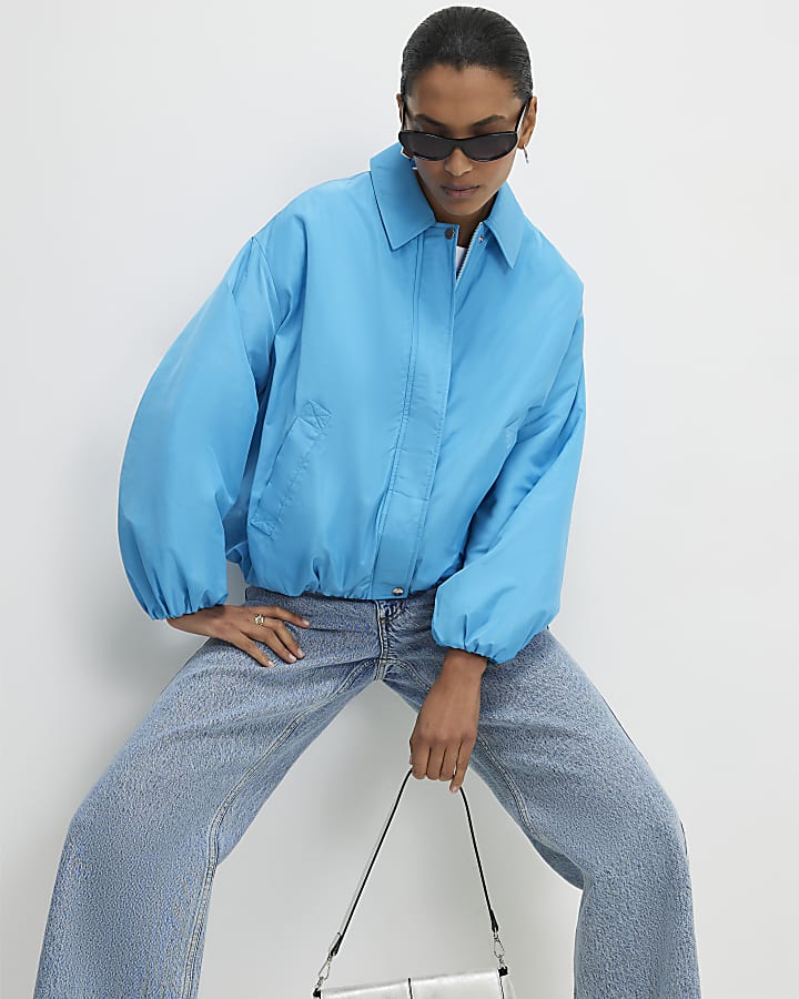 Blue Padded Collared Bubble Hem Jacket