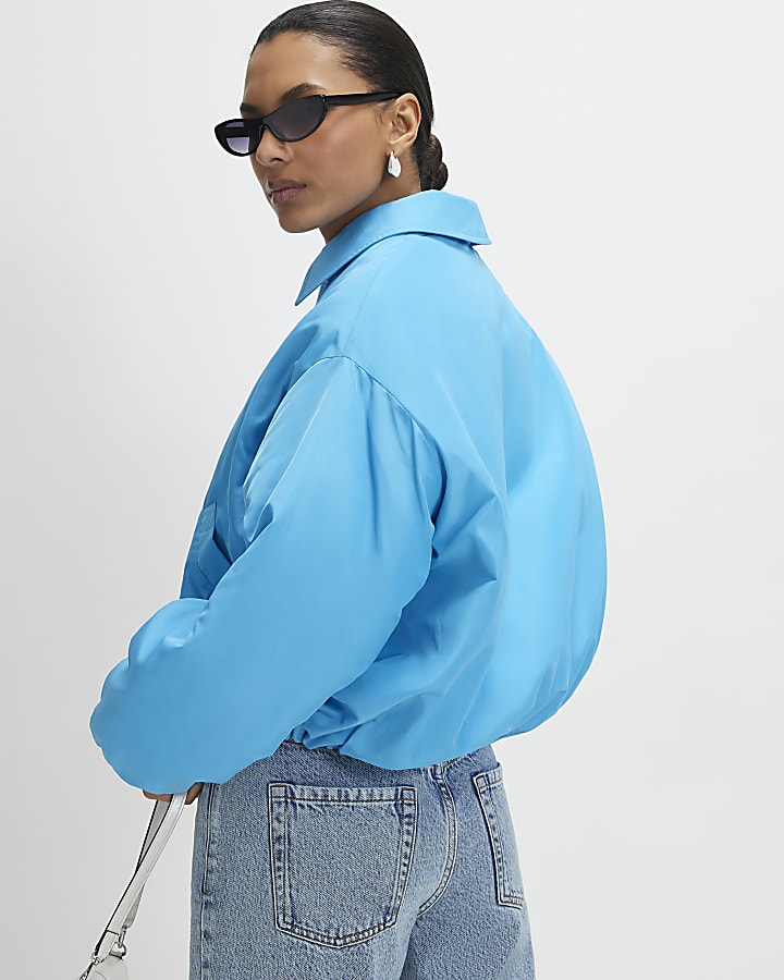 Blue Padded Collared Bubble Hem Jacket