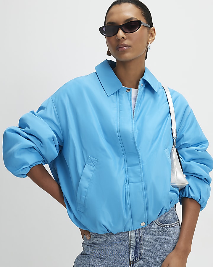 Blue Padded Collared Bubble Hem Jacket