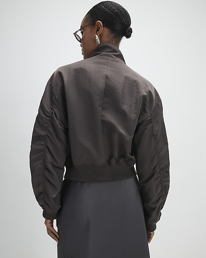 Brown Funnel Neck Bomber Jacket