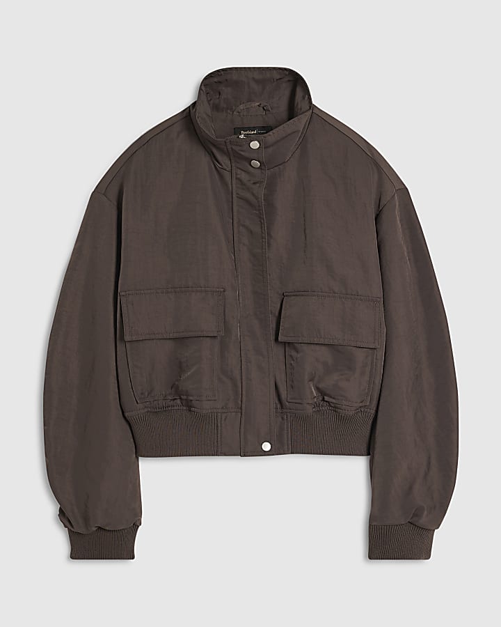 Brown Funnel Neck Bomber Jacket