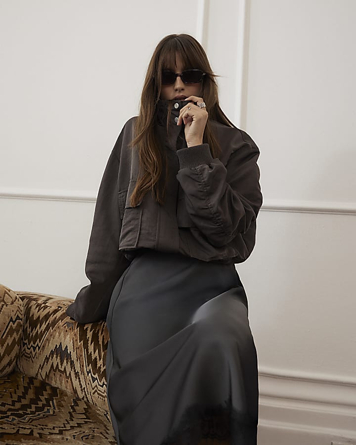 Brown Funnel Neck Bomber Jacket