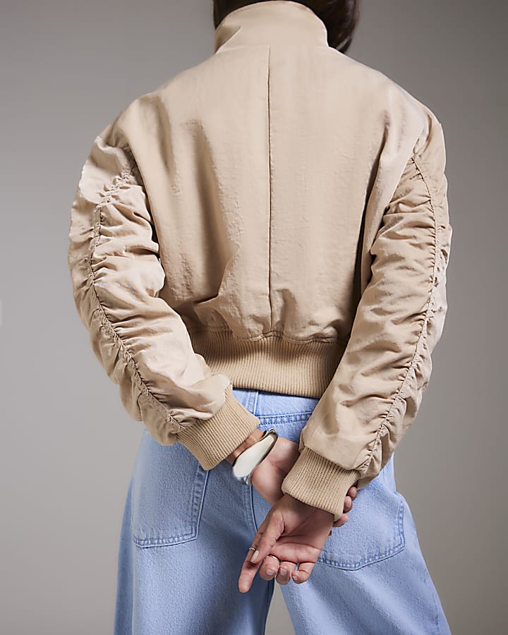Beige Funnel Neck Bomber Jacket