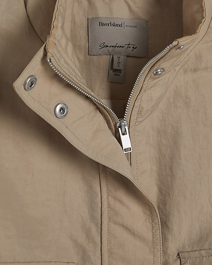 Beige Funnel Neck Bomber Jacket