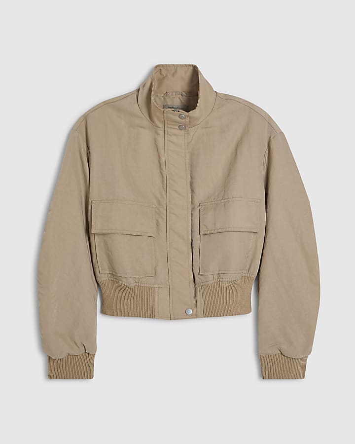Beige Funnel Neck Bomber Jacket