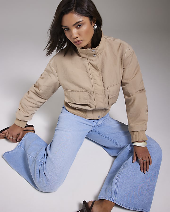 Beige Funnel Neck Bomber Jacket
