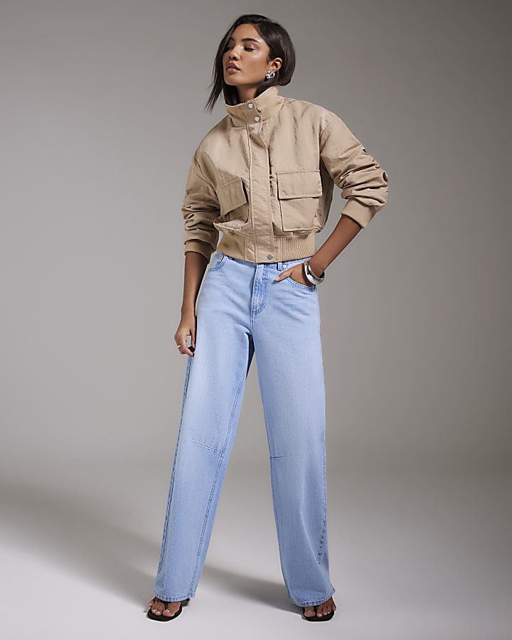 Beige Funnel Neck Bomber Jacket