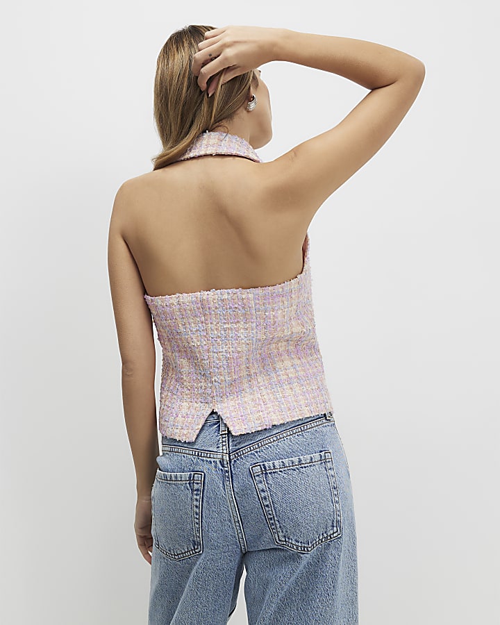 Pink Boucle Collared Halter Neck Waistcoat