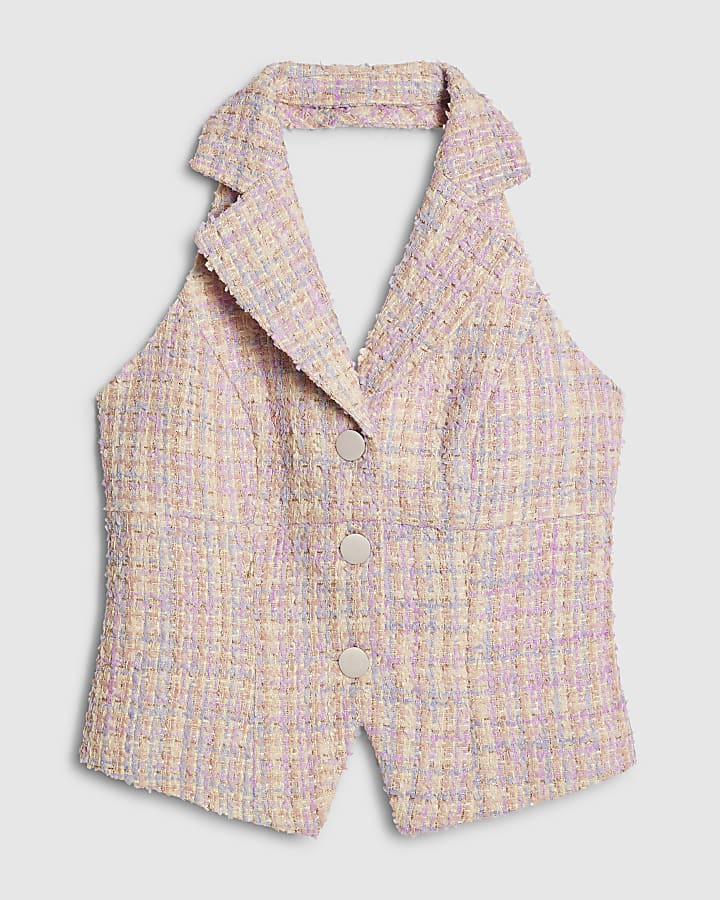 Pink Boucle Collared Halter Neck Waistcoat