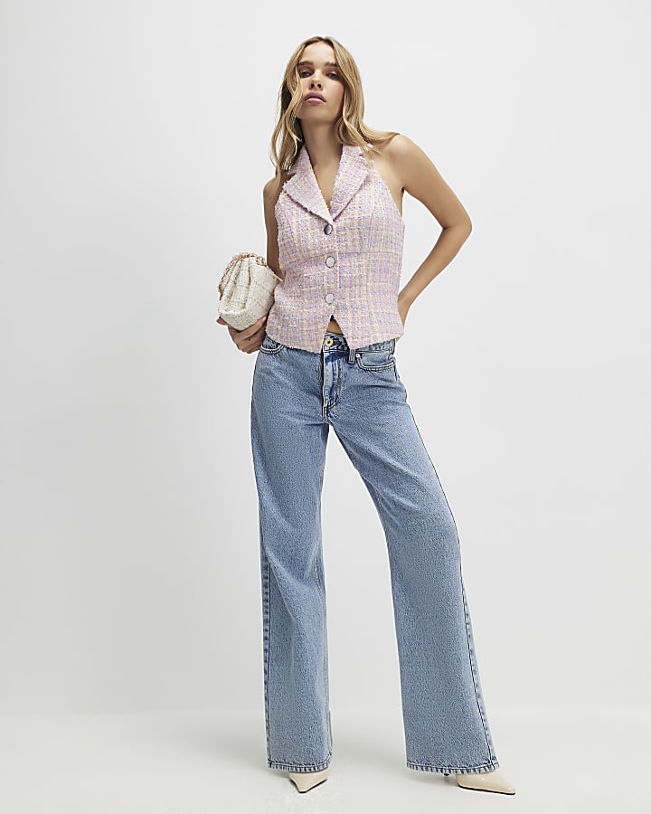 Pink Boucle Collared Halter Neck Waistcoat