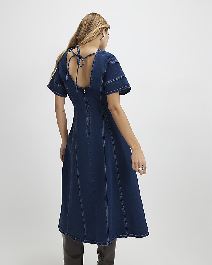 Blue Denim Short Sleeve Seamed Midi Dress