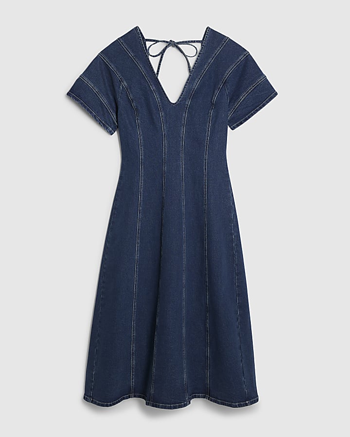 Blue Denim Short Sleeve Seamed Midi Dress
