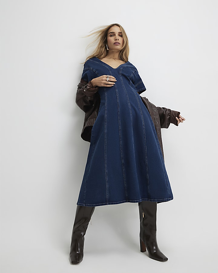 Blue Denim Short Sleeve Seamed Midi Dress