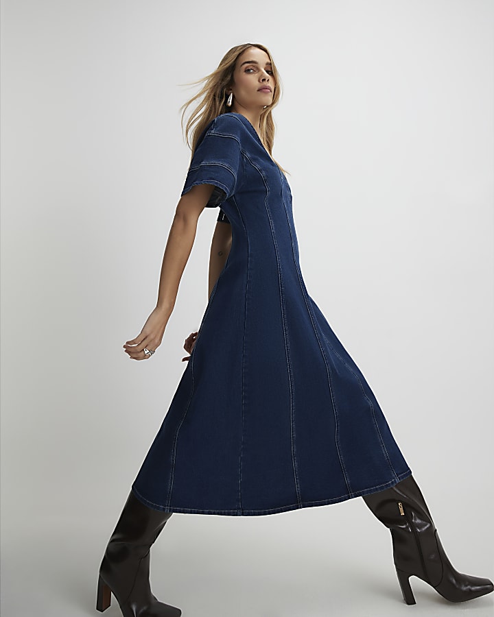 Blue Denim Short Sleeve Seamed Midi Dress