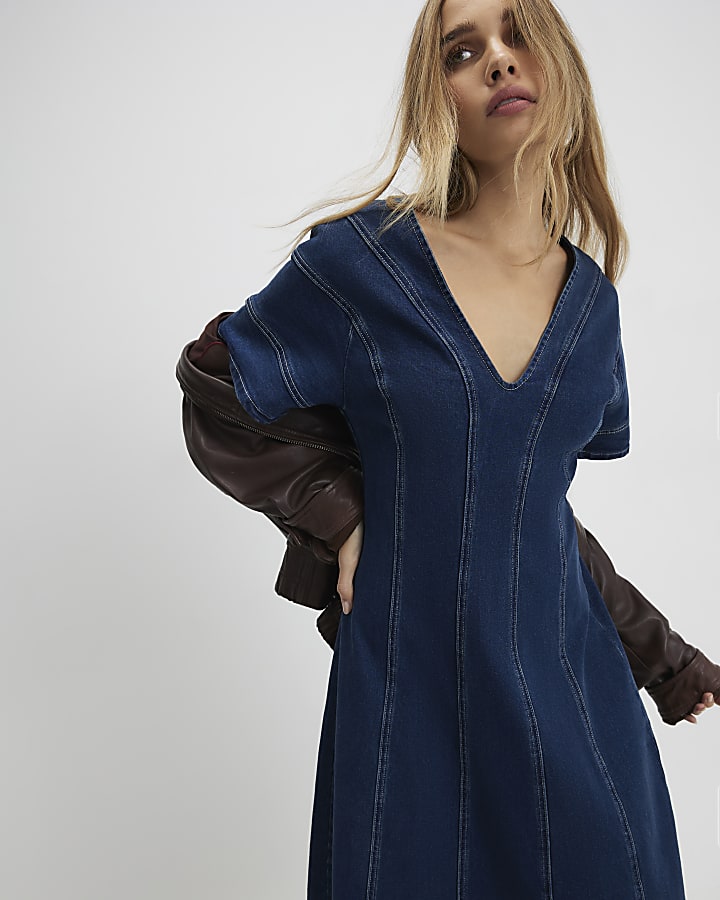 Blue Denim Short Sleeve Seamed Midi Dress