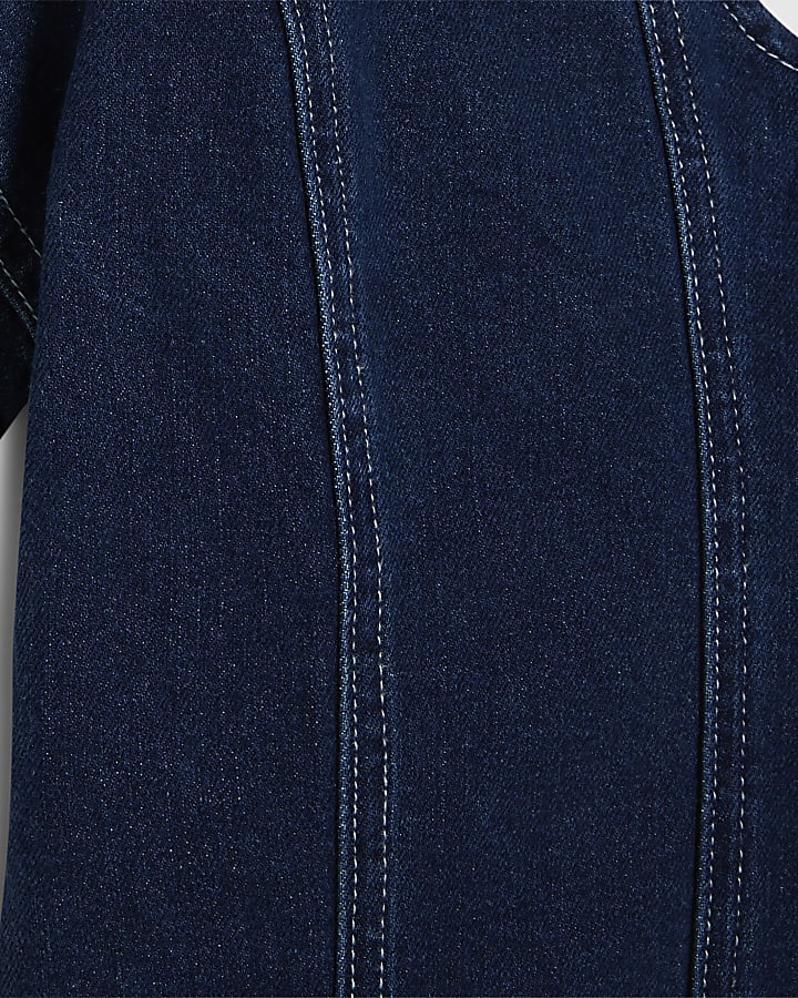 Blue Denim Short Sleeve Seamed Mini Dress