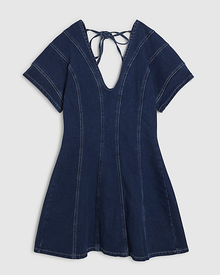 Blue Denim Short Sleeve Seamed Mini Dress