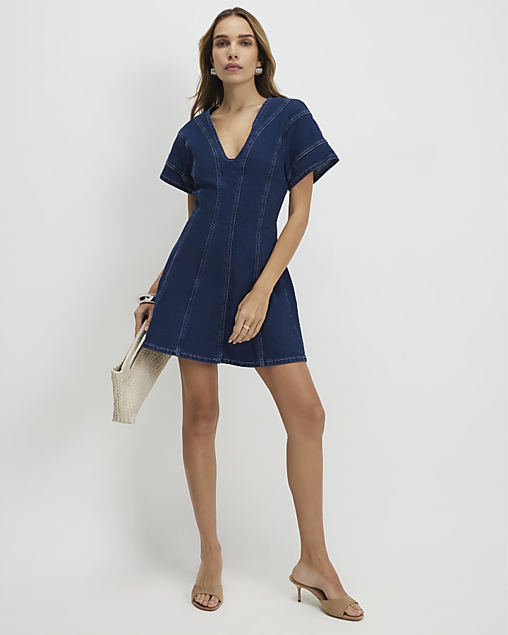 Blue Denim Short Sleeve Seamed Mini Dress