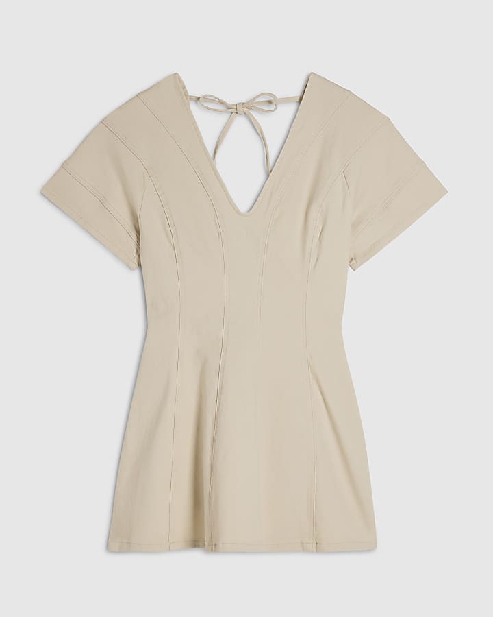 Cream Seamed Short Sleeve Denim Dress