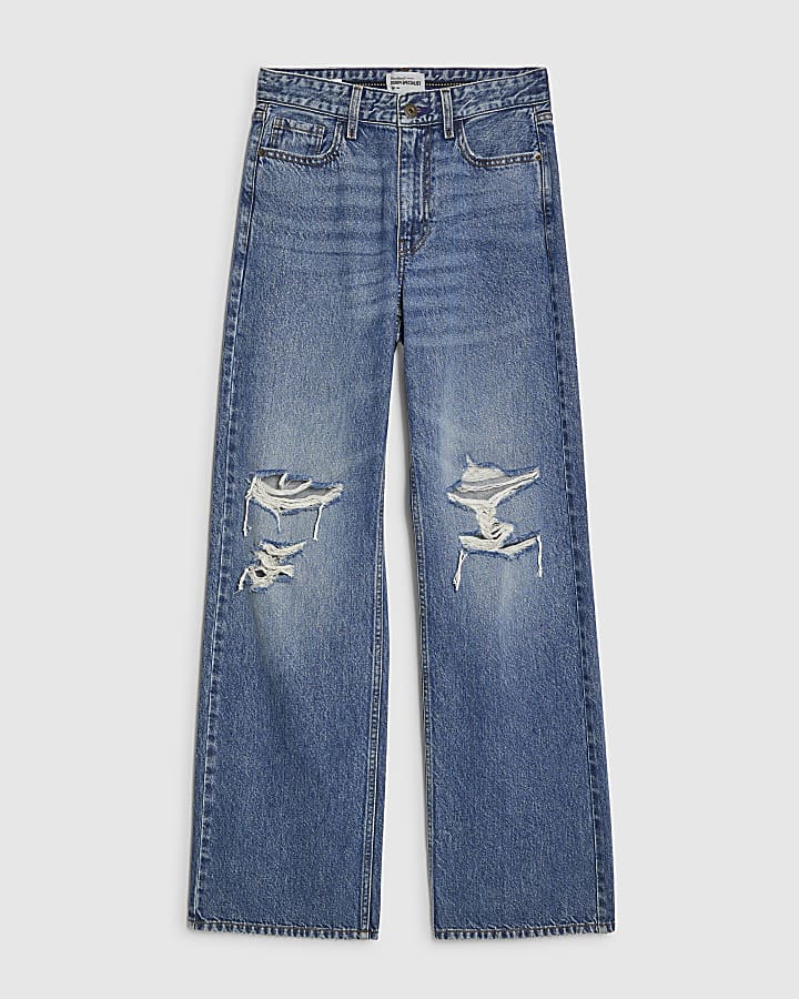 Blue Relaxed Straight Ripped Jeans