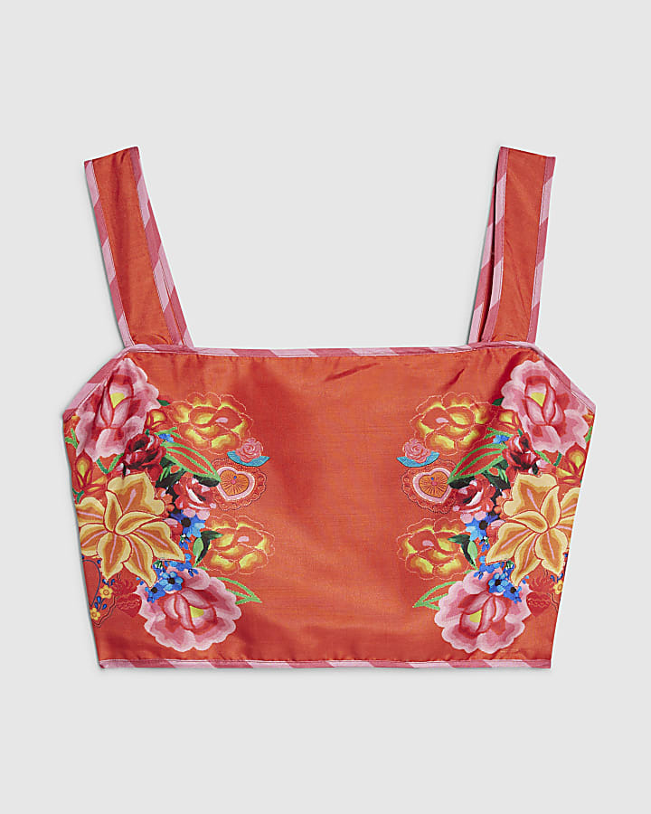 Red Floral Print Crop Top