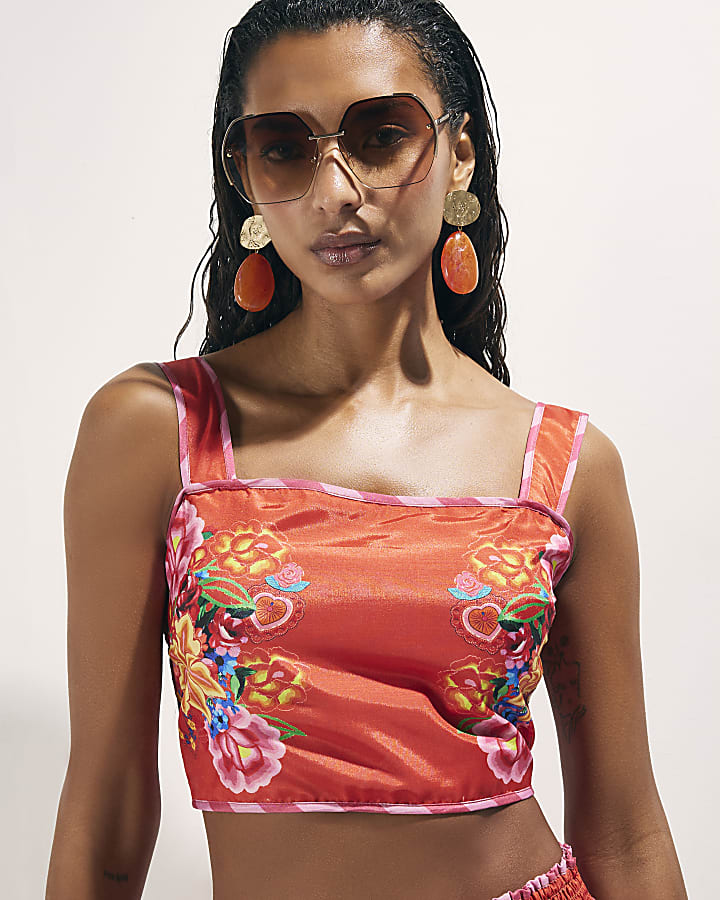 Red Floral Print Crop Top