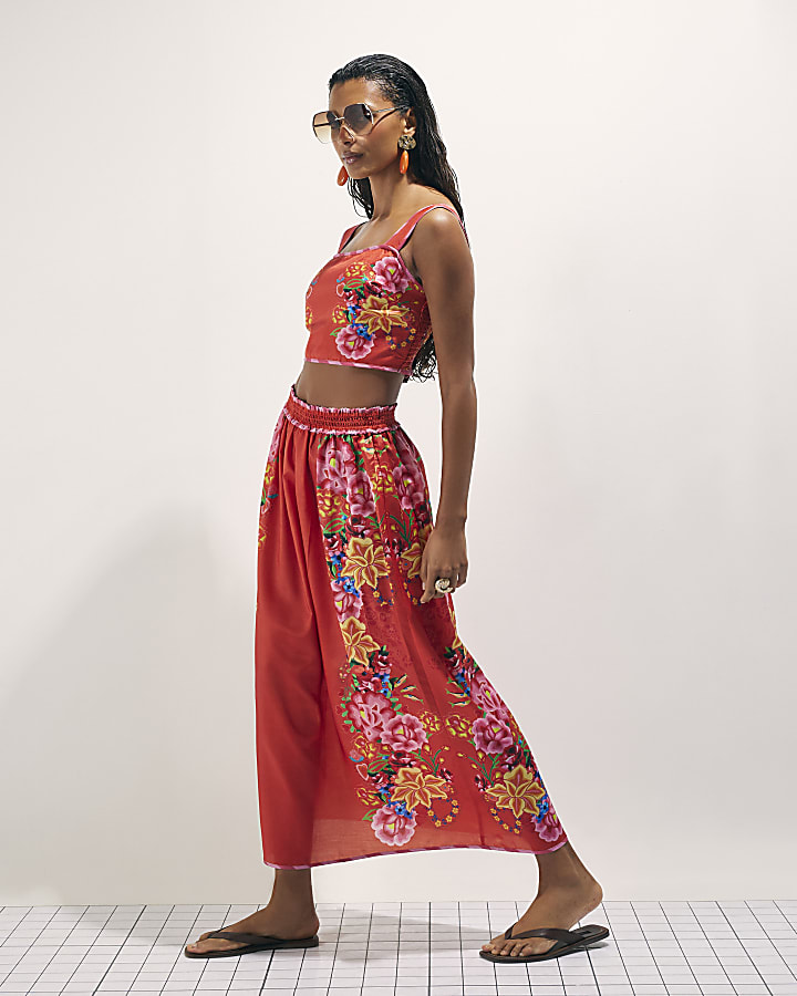 Red Floral Maxi Skirt