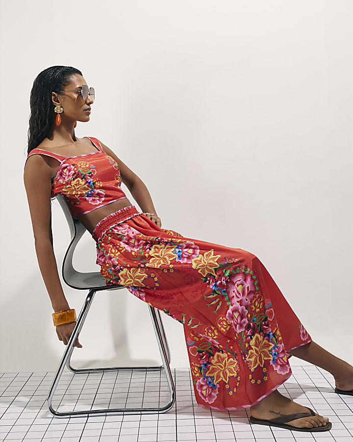 Red Floral Maxi Skirt